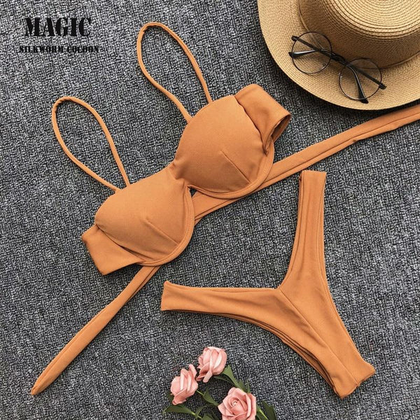 Adjustable Strap Bikini Set New High Cut Thong Swimsuit Solid Orange Swimwear Women Brazilian Biquini Swimming Suit Underwire