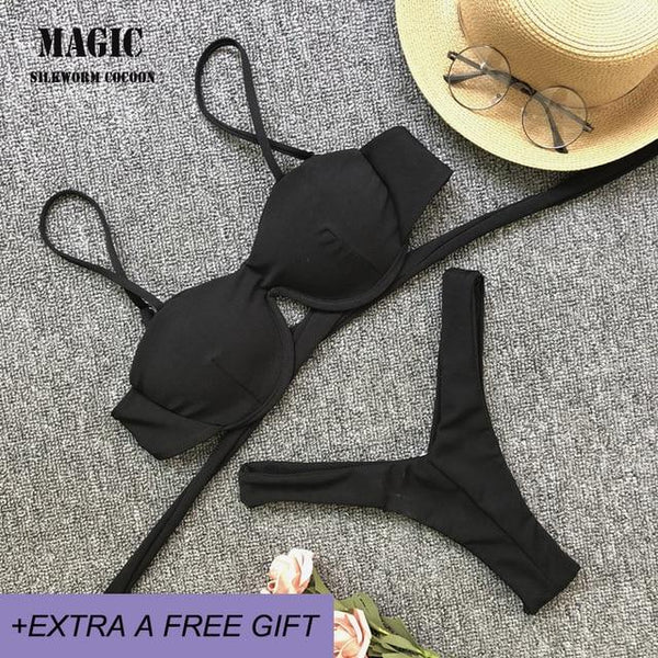 Adjustable Strap Bikini Set New High Cut Thong Swimsuit Solid Orange Swimwear Women Brazilian Biquini Swimming Suit Underwire