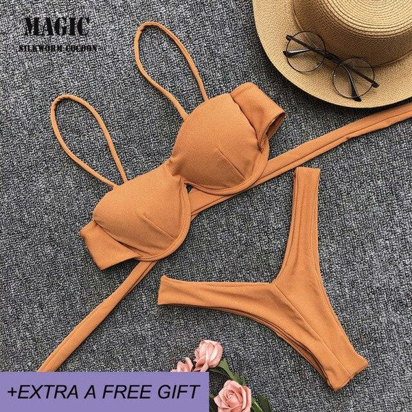 Adjustable Strap Bikini Set New High Cut Thong Swimsuit Solid Orange Swimwear Women Brazilian Biquini Swimming Suit Underwire
