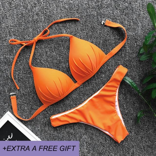 Adjustable Strap Bikini Set New High Cut Thong Swimsuit Solid Orange Swimwear Women Brazilian Biquini Swimming Suit Underwire