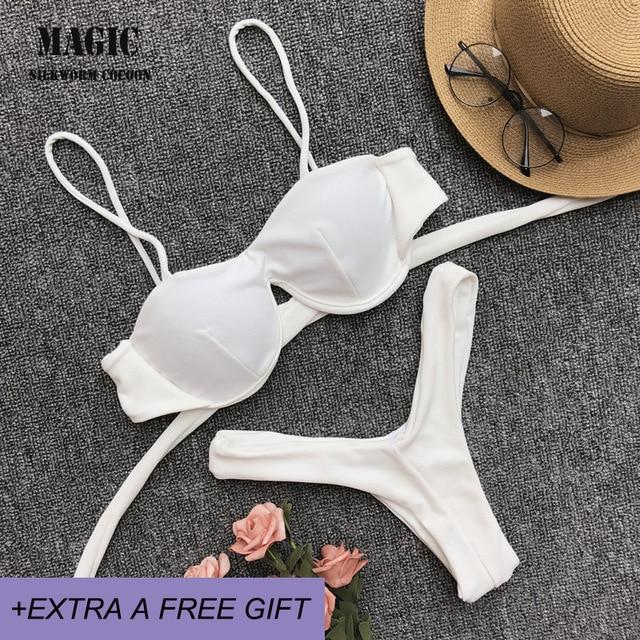 Adjustable Strap Bikini Set New High Cut Thong Swimsuit Solid Orange Swimwear Women Brazilian Biquini Swimming Suit Underwire