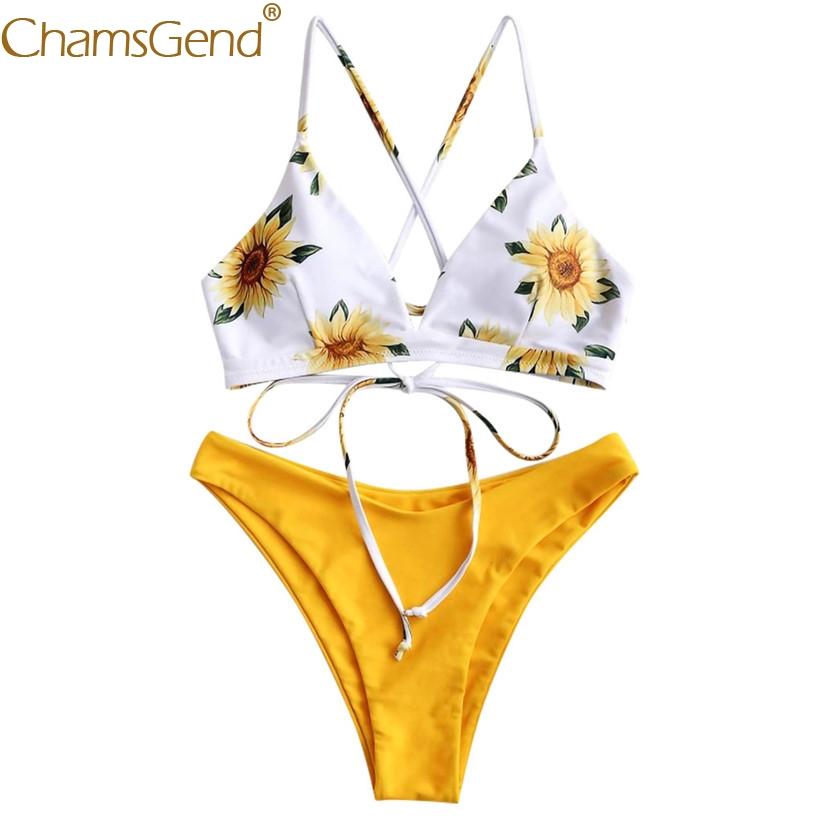 Women Sexy Sunflower Print Bikini Set Two Piece Beachwear Swimsuits Woman Cross Backless Push Up Bikinis Swimwear Bath Suit 9060