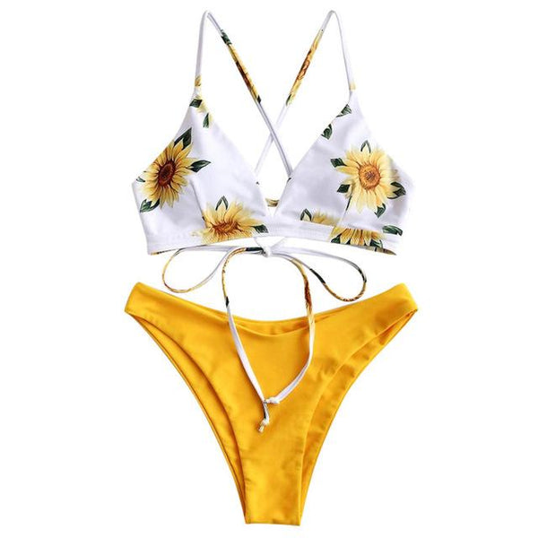 Women Sexy Sunflower Print Bikini Set Two Piece Beachwear Swimsuits Woman Cross Backless Push Up Bikinis Swimwear Bath Suit 9060