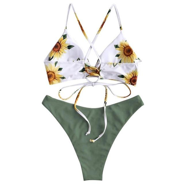 Women Sexy Sunflower Print Bikini Set Two Piece Beachwear Swimsuits Woman Cross Backless Push Up Bikinis Swimwear Bath Suit 9060