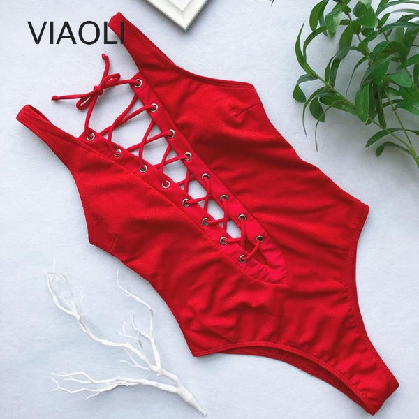 Solid One-Piece Swimsuit Bandage Women Swimwear Push Up Bathing Suit Deep V red Monokini Bodysuit Maillot De Bain swim suit