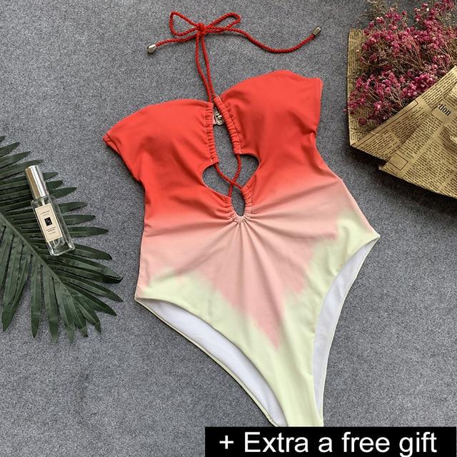 Solid One-Piece Swimsuit Bandage Women Swimwear Push Up Bathing Suit Deep V red Monokini Bodysuit Maillot De Bain swim suit