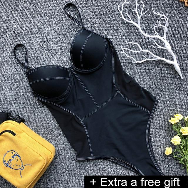 Solid One-Piece Swimsuit Bandage Women Swimwear Push Up Bathing Suit Deep V red Monokini Bodysuit Maillot De Bain swim suit