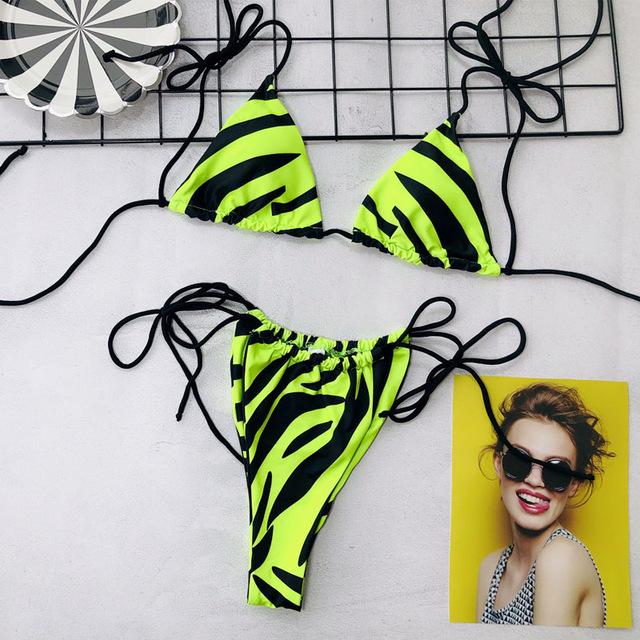 Triangle Leopard Bikinis 2019 Mujer Biquini Neon Green String Tie Tiny Bikini Sexy Thong Swimsuit push up Micro Bathers 3939