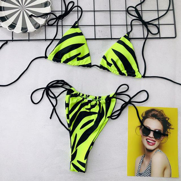 Triangle Leopard Bikinis 2019 Mujer Biquini Neon Green String Tie Tiny Bikini Sexy Thong Swimsuit push up Micro Bathers 3939