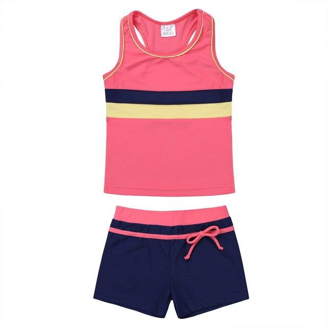 Children Swimwear Girl Two piece Swimsuit Girls Kids Bikini Bathing Suit Tankini Sport Vest Tops with Bottoms Shorts SZ 6 to 14