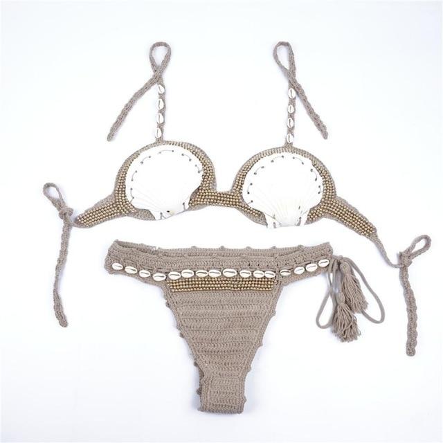 2018 two piece swim suit for women Swimsuits Push Up Shell Handmade Knitted Padded Bra Swimming suit Female bathing #LL5