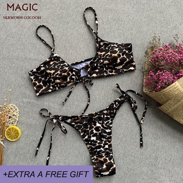 Red Leopard Print Bikini Set Women Swimsuit High Waist Thong Bandage Swimwear Female Beachwear Bathing Swimming Suit BatherSuit