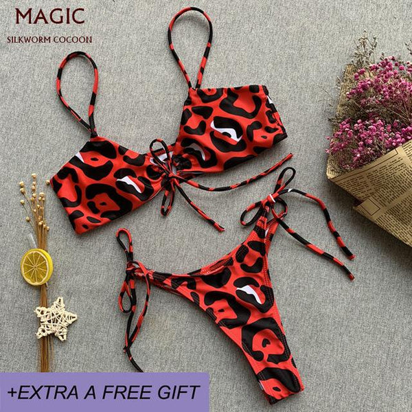 Red Leopard Print Bikini Set Women Swimsuit High Waist Thong Bandage Swimwear Female Beachwear Bathing Swimming Suit BatherSuit