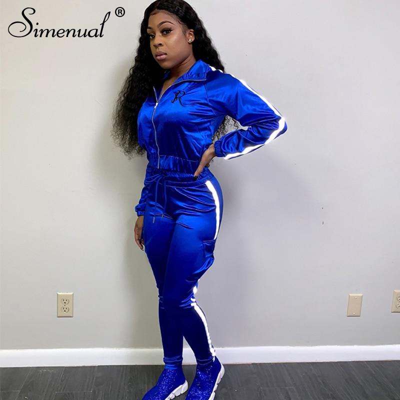 Simenual Neon Reflective Lines Matching Sets Women Casual Active Wear 2 Piece Outfits Satin Zipper Fashion Jacket And Pants Set