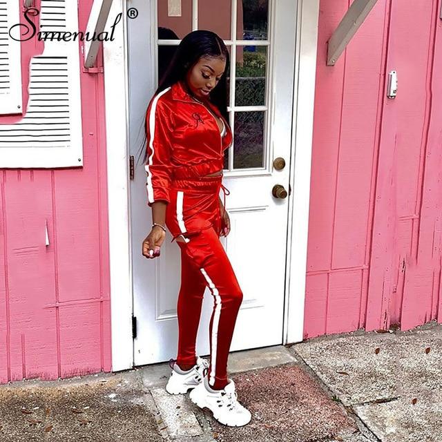 Simenual Neon Reflective Lines Matching Sets Women Casual Active Wear 2 Piece Outfits Satin Zipper Fashion Jacket And Pants Set