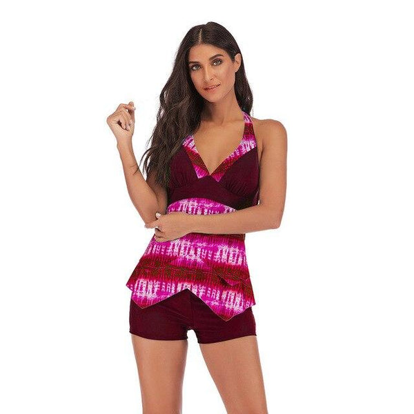 Plunge Halter Tankini Set Irregular Top Plus Size Swimsuits For Women Tummy Control Female Tankini With Shorts Retro Beach Wear