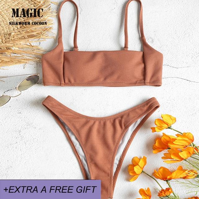 Newest Arrival Solid Sling Two Piece Swimming Suit Women Bikini Set Push-Up Padded Bra Beach Swimsuit Sexy High Waist Swimwear