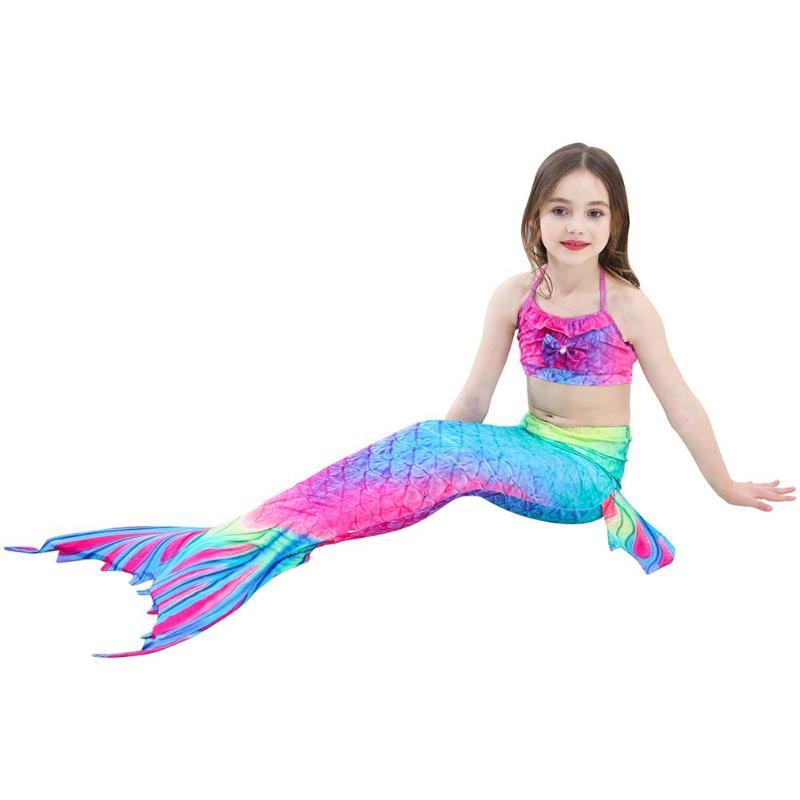 3pcs Girls Fish Tail Princess Swimsuit Bikini Set Children Cute Cosplay Costume Swimming Suit Summer Beachwear Bathing Suit
