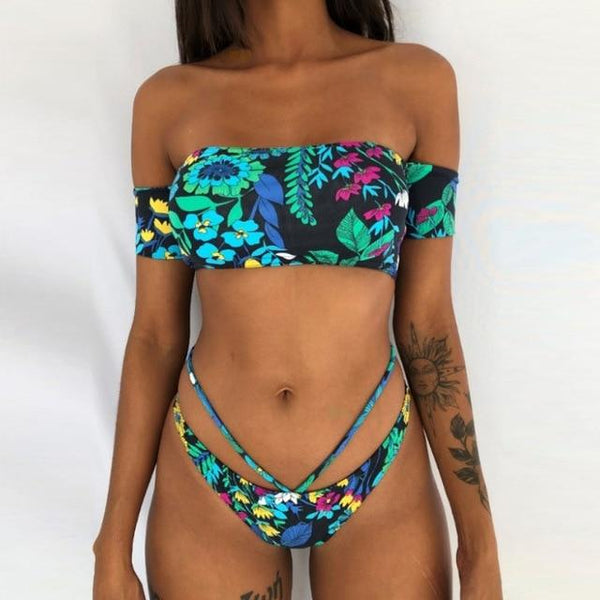 Hot Sale Off The Shoulder Print Ruffled Bikini Mujer 2018 New Sexy Swimwear Women Swimsuit Brazilian Bikini Set Thong Biquinis