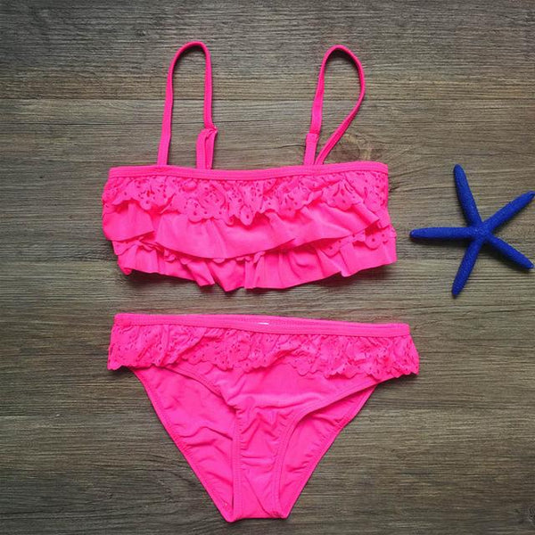 Girls Split Hollow Falbala Bikini Two-piece Swim Suits Bikini Children Swimwear Kids Bathing Suit Girl Beachwear for Hot Spring