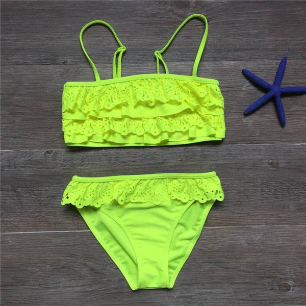 Girls Split Hollow Falbala Bikini Two-piece Swim Suits Bikini Children Swimwear Kids Bathing Suit Girl Beachwear for Hot Spring