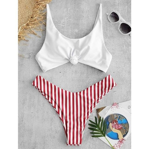 Sexy Bikini 2019 Women Swimsuit Scoop Neck Striped Swimwear Knot Bow fringe Summer Beachwear Bathing Suit Push Up Biquinis