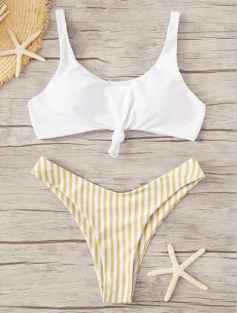 Sexy Bikini 2019 Women Swimsuit Scoop Neck Striped Swimwear Knot Bow fringe Summer Beachwear Bathing Suit Push Up Biquinis