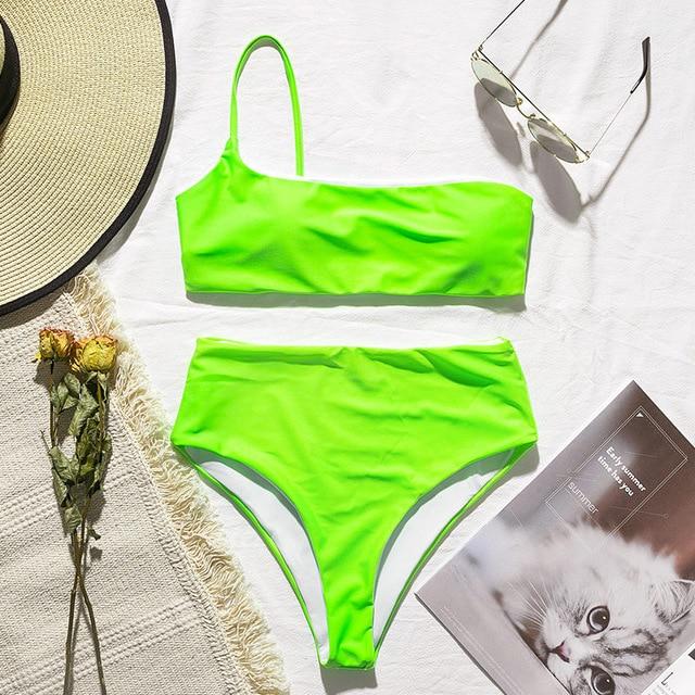 Mossha Sexy thong Pink bikini Neon swimsuit female Bathing suit One shoulder Bikini set 2019 swimwear women High cut biquini new