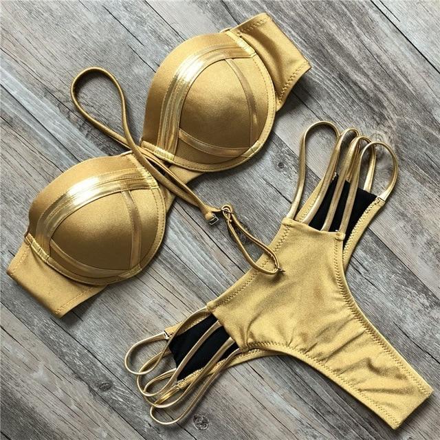 2019 Gold Stamping Women Bikini Set Sexy Padded Women Swimsuit Push Up Bikini Swimwear Summer Beachwear Brazil Bathing Suit