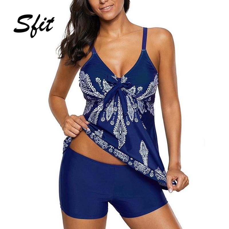 Sfit 2019 Summer Women 2-piece Floral Tankini Swimwear Printed Tank Top+Boyshorts Adjusatable Spaghetti Strap Bathing Suit