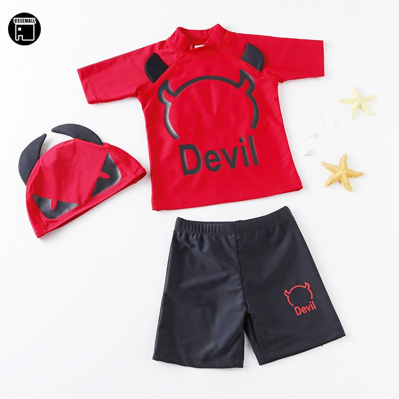 USEEMALL Kids Swimwear for Boys 2-6Y Two Pieces Brand Letters Swimsuits Red Bathing Suits UV High Quality Surf Swimming Clothes