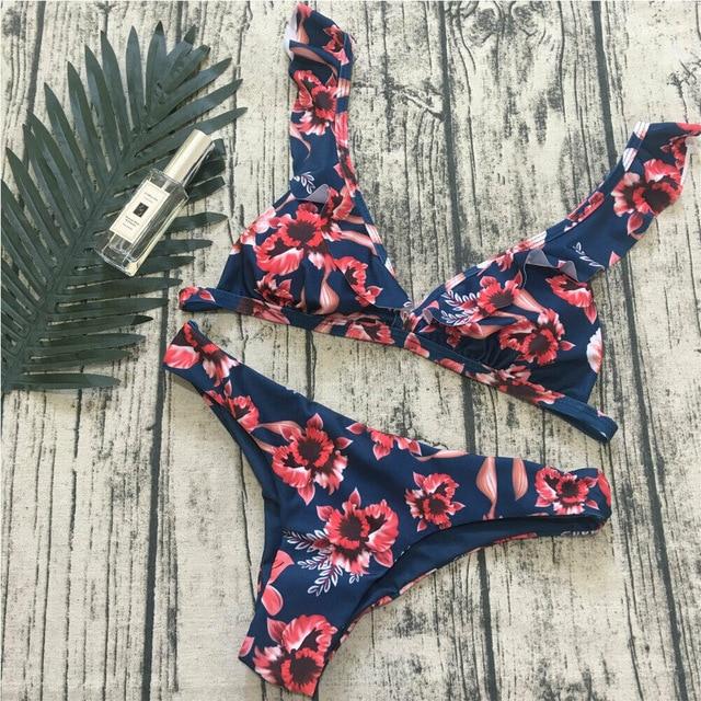Two-Pieces Women Floral Push-up Padded Bra Ruffles Bandage Bikini Set Triangle Swimsuit Swimwear Bathing Suit Beachwear Biquini