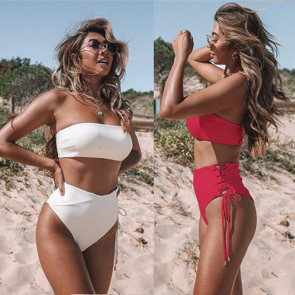 New Solid Swimsuit High Waist Bandage Sexy Bikini Set Off Shoulder Two Pieces Swimwear Swimming Bathing Suit Mujer Swimsuit