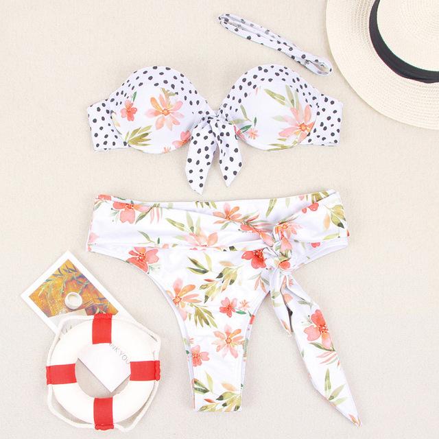 Miyouj Sexy Floral Bikini Hollow Out Swimsuit Stripe Cross String Swimwear Biquinis Feminino 2019 Bathing Suit Women Bikini Set
