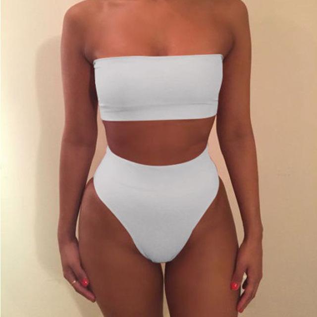 Fashion Women Off-Shoulder Strap Neon Green Yellow Swimsuit Bandeau Bikini High Waist Beach Bathing Suit With Plus Size XL XXL