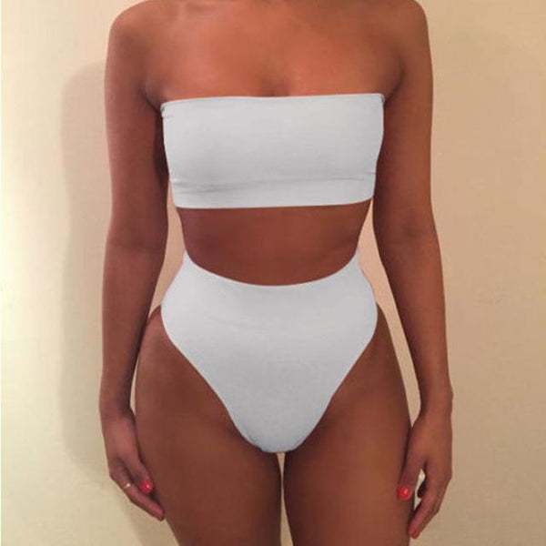 Fashion Women Off-Shoulder Strap Neon Green Yellow Swimsuit Bandeau Bikini High Waist Beach Bathing Suit With Plus Size XL XXL