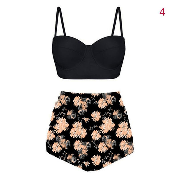 NEW Women High Waist Tankinis Top with Pants Strappy Crop Tops Print Slim Fit Shorts Swimsuit