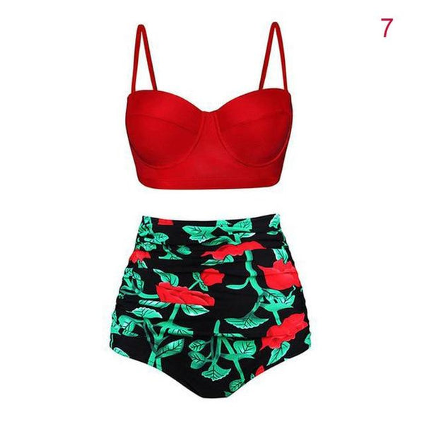 NEW Women High Waist Tankinis Top with Pants Strappy Crop Tops Print Slim Fit Shorts Swimsuit