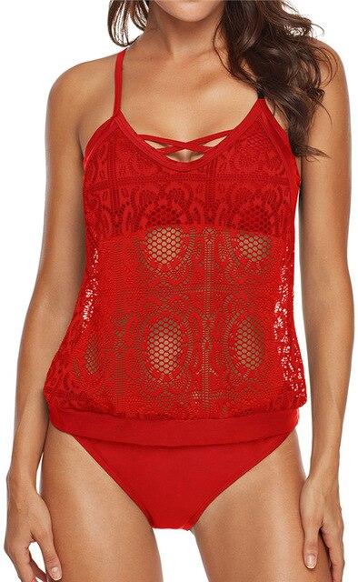 TONY Women Lace Mesh Tankini Two Pieces Bikini Set Top & Bottom Swimming Costume Swimwear Tummy Control Padded Swimsuit
