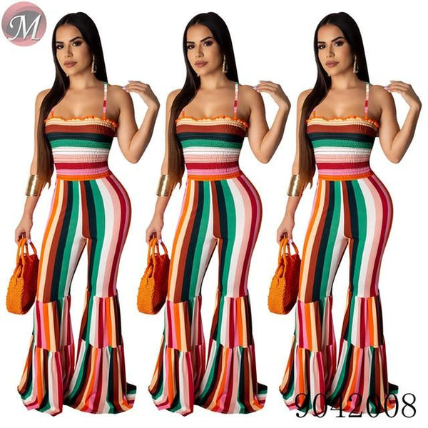 Sexy suspender smocking stitch flared women long jumpsuit