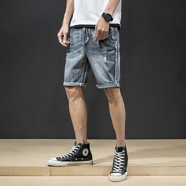 AudWhale Men's Ripped Denim Shorts Mid Waist Straight Summer Jeans Shorts For Men Knee Length Casual Men's Shorts