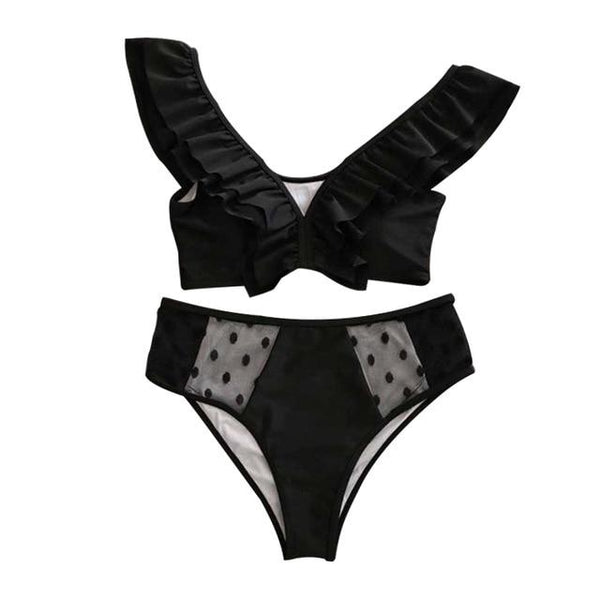 2019 Dot Print Mesh Fabric High Waist Two-piece Separate Ruffled Swimwear V Neck Two Pieces Ruffles Swimming Suit Y917
