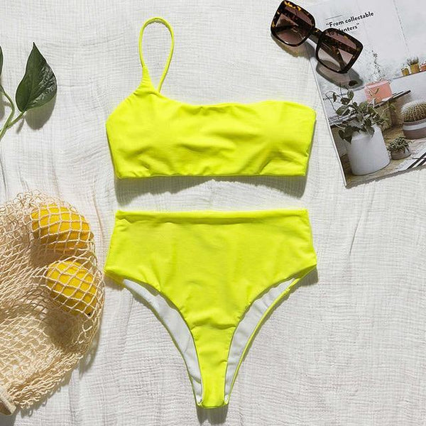 Mossha Sexy thong Pink bikini Neon swimsuit female Bathing suit One shoulder Bikini set 2019 swimwear women High cut biquini new