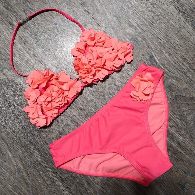 8-14 Years Children's Two Piece Swimwear Pink Baby Girl Bikini 3D Flower Girl Swimsuit Kids Teenager Girl Bathing Suit Swim Wear