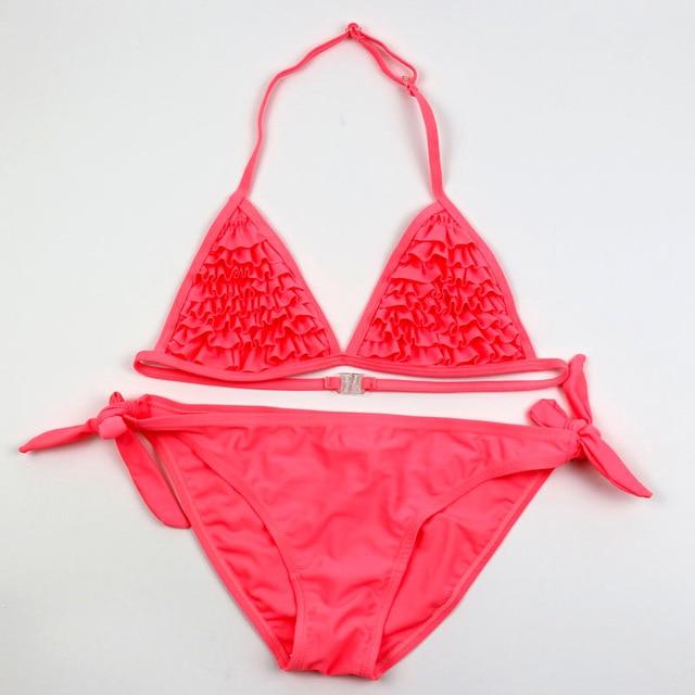 Ms.Shang Solid 6-16 Years Girls Child Swimsuit Ruffle Teenage Girl Bikini Halter Top Children Swimwear Kids Swimming Suits 2019
