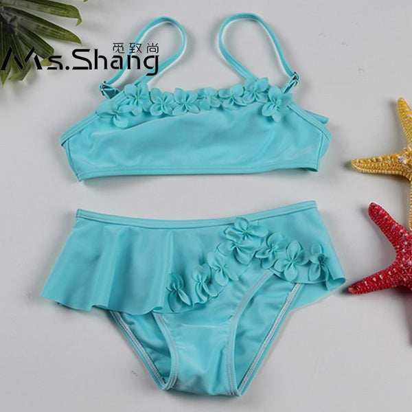 2-12 Years Infant Girl Bikini Solid Girl Swimsuit Kids Swimwear Flower Two Piece Children's Swimwear Falbala Baby Swimming Suit
