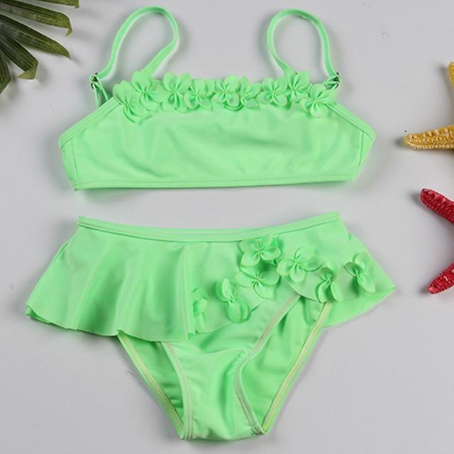 2-12 Years Infant Girl Bikini Solid Girl Swimsuit Kids Swimwear Flower Two Piece Children's Swimwear Falbala Baby Swimming Suit