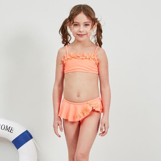 2-12 Years Infant Girl Bikini Solid Girl Swimsuit Kids Swimwear Flower Two Piece Children's Swimwear Falbala Baby Swimming Suit