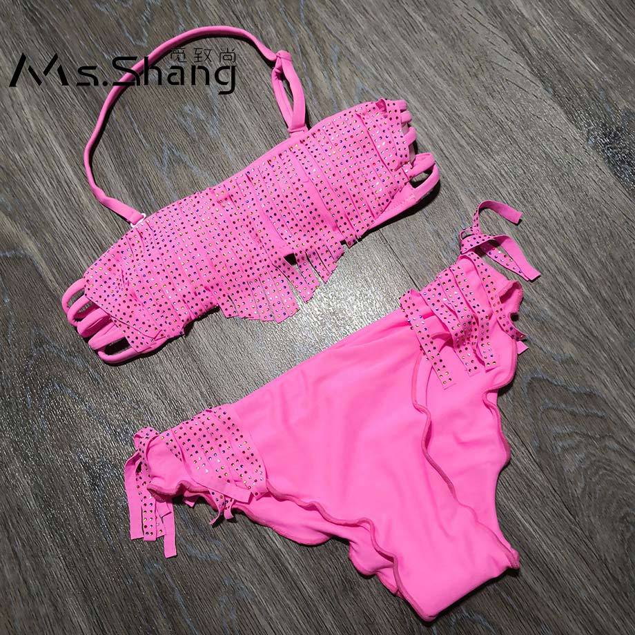 7-16 Years Tassel Child Girl Bikini Kids Swimsuit Two Piece Children Swimwear Solid Teenager Girl Bathing Suit Fringe Swim Wear