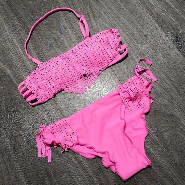7-16 Years Tassel Child Girl Bikini Kids Swimsuit Two Piece Children Swimwear Solid Teenager Girl Bathing Suit Fringe Swim Wear